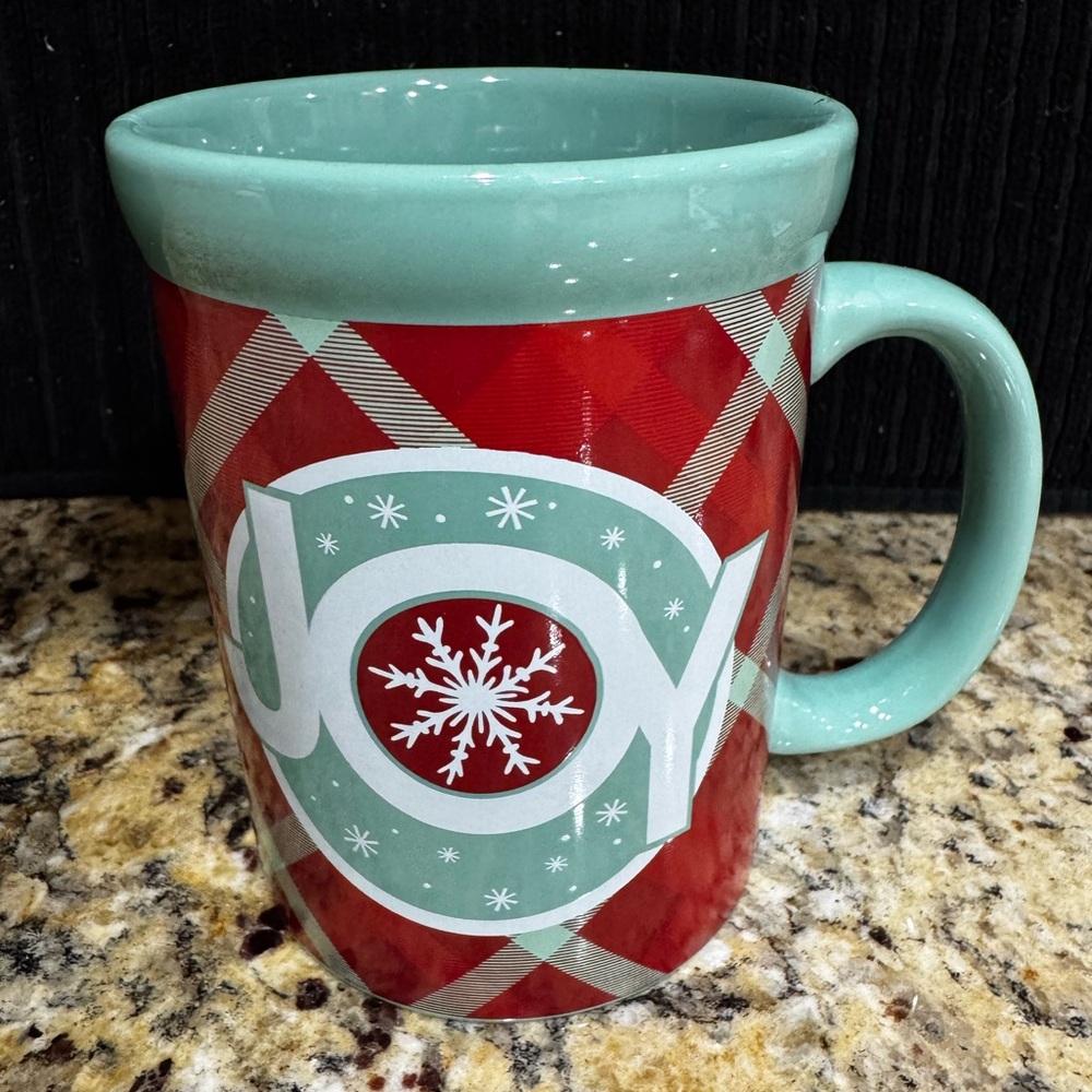 Christmas Joy Coffee Mug Red Green Plaid Pattern 12 ounce